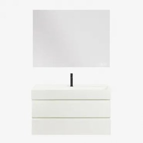 Conjunto De Móvel De Casa De Banho Em Madeira E Chapa De Freixo Com Lavatório Integrado Ona Branco & Retangular Led E Anti-embaciamento - Sklum