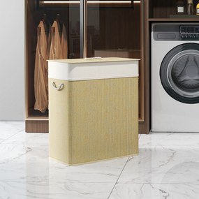 Cesto de roupa suja duplo com tampa 52 x 32 x 63 cm, cesto de roupa suja em bambu de 100 L com alças de corda creme