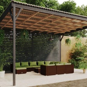 vidaXL 12 pcs conjunto lounge de jardim c/ almofadões vime PE castanho