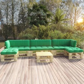 6 pcs conj. lounge paletes c/ almofadões pinho impregnado verde