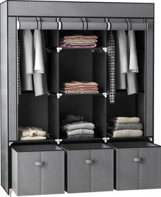 Guarda Roupa dobrável em tecido com 5 prateleiras, 2 varões e 3 gavetas em tecido 125 C x 43 L x 162,5 A cm Cinzento
