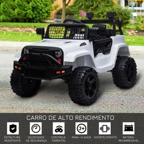 Carro Elétrico para Crianças acima de 3 anos Carro de Bateria 12V com 2 Motores Controle Remoto 2.4G Luzes Música MP3 e Rádio 99,2x66,6x66,6cm Branco