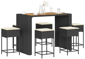 vidaXL 7 pcs conjunto de bar para jardim c/ almofadões vime PE preto