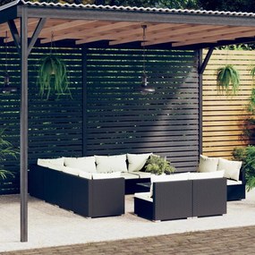 vidaXL 12 pcs conjunto lounge de jardim c/ almofadões vime PE preto