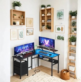 Secretária em forma de L com Iluminação LED ajustável e com tomadas 120 x 150 x 76 cm preto