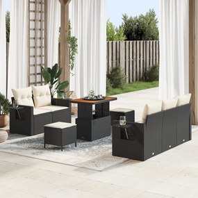 Conjunto de Sofá de Jardim de 8 Peças com Almofadas Pretas em Rattan Poli Acácia