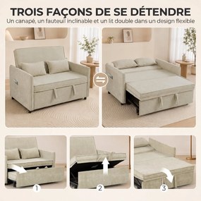 Sofá-cama de 2 lugares pequeno 125 (L) x 91 (P) x 94 (A) cm, sofá-cama 3 em 1 em chenille com encosto ajustável, assento largo, 2 almofadas, creme