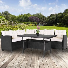 Conjunto de jardim de canto em polyrattan com tampo em WPC preto/creme
