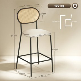 Conjunto de 2 Bancos de Bar Bancos Altos de Cozinha com Encosto em Vime Assento em PU Estrutura de Aço 45x50x97 cm Creme