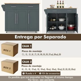 Carrinho de cozinha com rodas 121,5 cm x 45,5 cm x 92,5 cm, 2 gavetas, 2 armários, ilha de cozinha com rodas, porta-toalhas, facas, prateleira ajustáv
