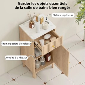 Móvel de casa de banho 36 x 30 x 80 cm, móvel de arrumação com tampo com efeito de mármore e porta com ranhuras, gaveta cor carvalho