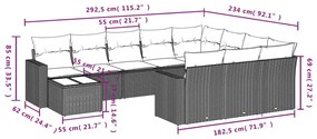 11 pcs conjunto sofás de jardim c/ almofadões vime PE cinzento