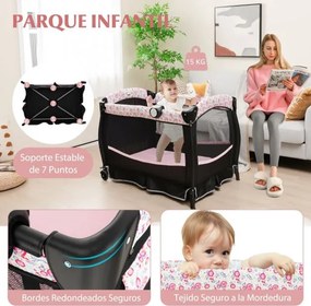 Berço portátil 4 em 1 para bebés com colchão 102 x 73 x 80 cm, mesa para mudar de fraldas, música, Toldo, prateleira, estante, parque dobrável, cor 3