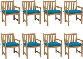 vidaXL Cadeiras de jardim c/ almofadões azul-claro 8 pcs teca maciça