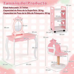 Conjunto de Toucador Infantil com Cadeira e Carrinho Auxiliar, 63 x 35 x 98 cm, Espelho com Iluminação LED de Três Tons, Rosa