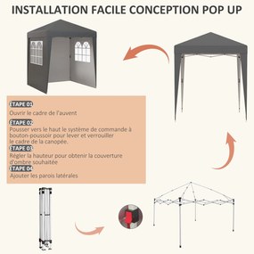 Tenda de jardim pop-up dobrável 2 x 2 x 2,6 m, com altura ajustável, proteção UV 30+, 3 paredes laterais, cinzenta