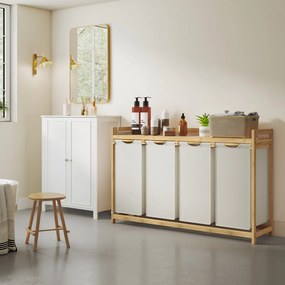 Cesto da roupa suja com 4 compartimentos, bambu 200 L, 124,6 x 33 x 78 cm branco