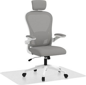 HOMCOM HConjunto de Cadeira de Escritório com Altura Ajustável Apoio de Cabeça e Suporte Lombar Ajustáveis Cinzento e 1 Tapete Protetor 90x120 cm Transparente | Aosom Portugal