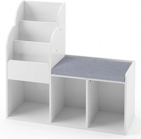 Estante infantil com banco de 3 níveis 80 x 29,5 x 81,5 cm, 3 compartimentos abertos e almofada de assento para quarto ou sala de jogos - Branco