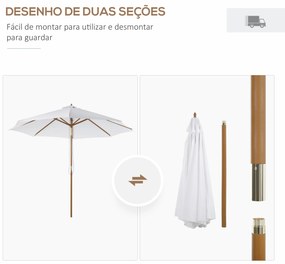 Outsunny Chapéu de Sol de Madeira Ø300x250cm com Altura Ajustável em 3 Níveis para Jardim Terraço Piscina Cafeteria Branco Marfim