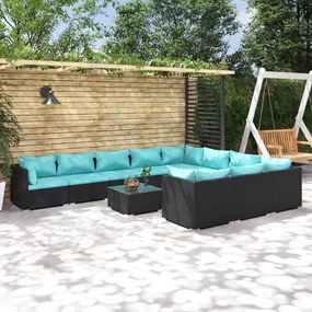 vidaXL 11 pcs conjunto lounge de jardim c/ almofadões vime PE preto