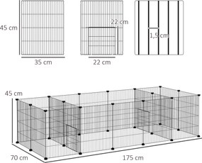 Recinto modular para pequenos animais (coelhos, roedores, cachorrinhos) – 18 painéis de arame de aço, 2 portas, 175 x 70 x 45, preto