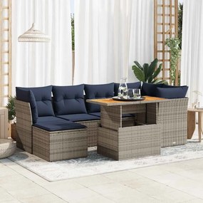 7 pcs conjunto sofás p/ jardim c/ almofadões vime PE cinzento
