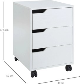 Bloco de Gavetas para Escritório Móvel de Escritório Bloco de Gavetas com 3 Gavetas e 4 Rodas 40x50x57,5 cm Branco