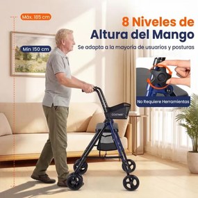 Andador para idosos com assento, pegas ajustáveis em 8 níveis, encosto em malha, bolsa de arrumação e rodas, preto + azul