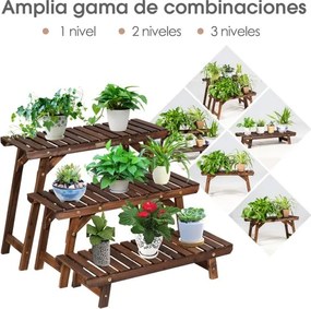 Estante com 3 níveis para plantas de madeira para flores para jardim, pátio e varanda Natural