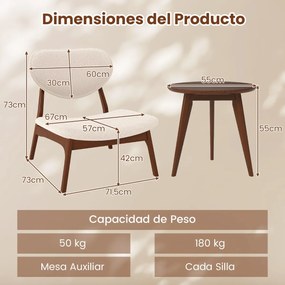 Conjunto de 2 cadeiras baixas decorativas com mesa auxiliar estofadas em veludo de carneiro com estrutura em madeira maciça bege