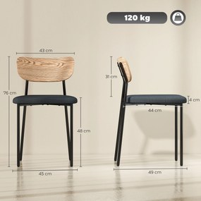 Conjunto de 2 cadeiras de sala de jantar com pés em aço, encosto curvo e assento almofadado, cinzento e com efeito de madeira natural
