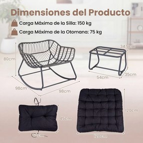 Cadeira de baloiço com apoio para os pés em rattan PE, almofadas removíveis, Estrutura metálica antiderrapante, capacidade de carga de 150 kg, para sa