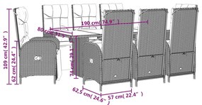 9 pcs conjunto de jantar p/ jardim c/ almofadões vime PE preto