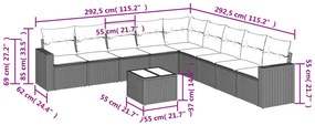 10 pcs conjunto sofás de jardim c/ almofadões vime PE cinzento
