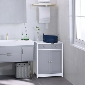 Móvel de casa de banho com 2 gavetas 60 x 30 x 75 cm, armário de duas portas e prateleira ajustável,  cinzento