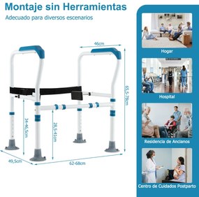 Apoio de braço para sanita para idosos com calha de segurança ajustável em altura e largura e correia fixa para deficientes Azul
