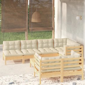 vidaXL 8 pcs conjunto lounge jardim c/ almofadões creme pinho maciço