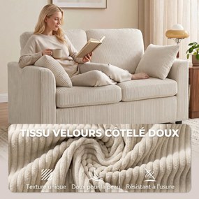 Sofá de 2 lugares pequeno 144 L x 76 P x 89 A cm em veludo canelado, sofá de sala de 144 cm com assento largo estofado, 2 almofadas, bege