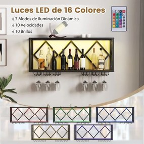 Garrafeira parede para vinho com luzes LED e 6 suportes para copos Capacidade para 39 garrafas e 12 copos para casa Bar 51 x 26,5 x 60 cm Castanho + P
