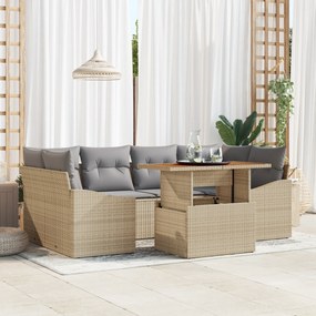 Conjunto de Sofá de Jardim 7 Peças com Almofadas Bege Rattan