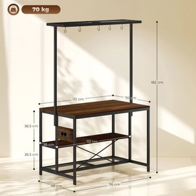 Estante de Cozinha com Tomada de Corrente (BANCOS NÃO INCLUIDOS) Estilo Industrial com Prateleiras Ganchos Móvel Auxiliar 116x70x182 cm Castanho rústi