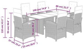 7 pcs conjunto de jantar p/ jardim com almofadões vime PE bege