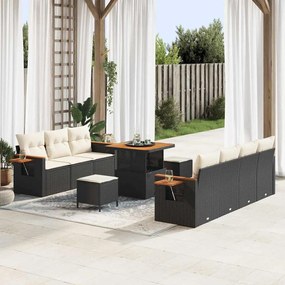 Conjunto de Sofá de Jardim vidaXL de 10 Peças com Almofadas Preto Rattan PE Azevinho