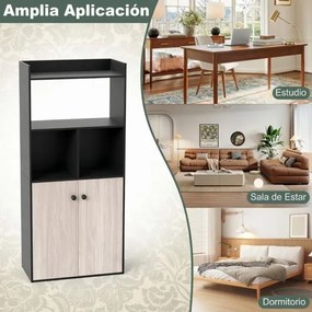 Estante 60 x 30 x 133 cm de 5 níveis com prateleiras abertas e portas para quarto, sala de estar ou escritório Preto
