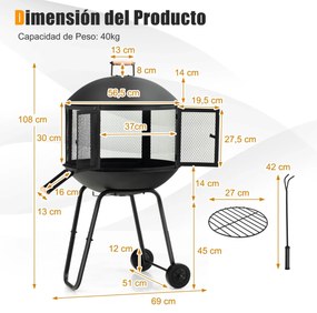 Grelhador a lenha com rodas e alça para churrasco de acampamento 69 x 51 x 108 cm preto