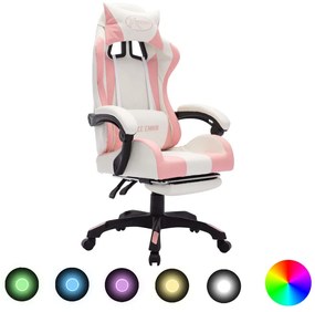 Cadeira estilo corrida c/ luzes LED RGB couro arti. rosa/branco