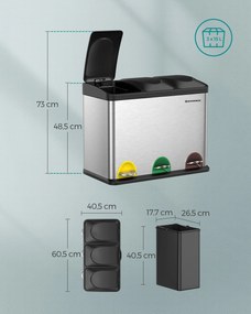 Caixote do lixo 3 x 15 litros com tampa e recipiente interior Prateado