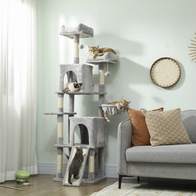 Arranhador para gatos com torre de brincadeiras: 3 plataformas, 2 compartimentos abertos, 2 camas, 2 redes e 1 escada; altura: 177 cm; cinzento claro