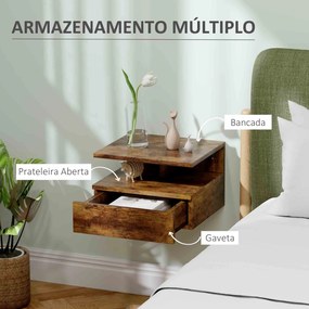 Conjunto de 2 Mesas de Cabeceira Flutuantes com Gaveta e Prateleira Aberta para Sala de Estar, 35x32x22,5 cm Castanho Rústico